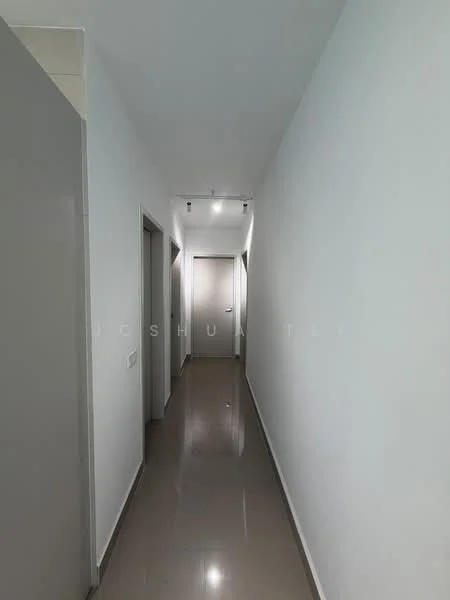 Hallway features: white painted walls, glossy tile flooring, recessed downlights, two doors on the left, one door on the right, straight corridor layout; style: modern.