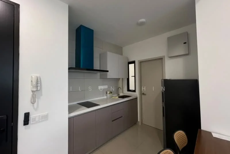 Kitchen features: white cabinets, grey lower cabinets, black countertop, stainless-steel sink, chrome pull-down faucet, built-in stove, exhaust hood, refrigerator, wall-mounted AC unit, tile backsplash, light-colored walls, recessed lighting, floor tiles, window for natural light; style: modern.