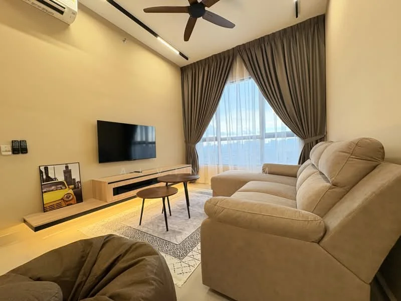 Living features: beige fabric sectional sofa, round coffee table, TV console with wall-mounted TV, floor-to-ceiling windows, sheer curtains, recessed LED downlights, ceiling fan with light, decorative area rug, wall-mounted air conditioning unit, decorative wall art, light wood accent wall; style: modern; view: city.