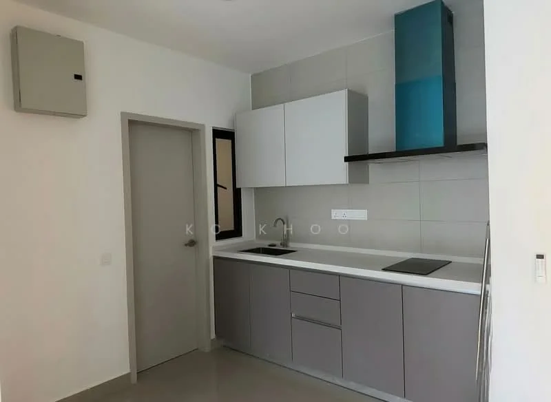 Kitchen features: white upper cabinets, grey lower cabinets, white countertop, stainless-steel sink, chrome pull-down faucet, built-in stove, exhaust hood, wall-mounted air conditioning unit, tile backsplash, neutral wall colour, flooring in light grey, single door entry, window for natural light; style: modern.