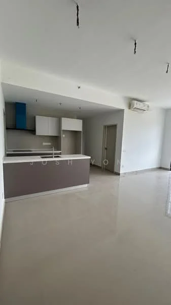 Living features: open-plan layout, white painted walls, polished tile flooring, kitchen island with breakfast bar, blue cabinetry, white upper cabinets, wall-mounted split AC, recessed ceiling lights, large windows for natural light; style: modern.