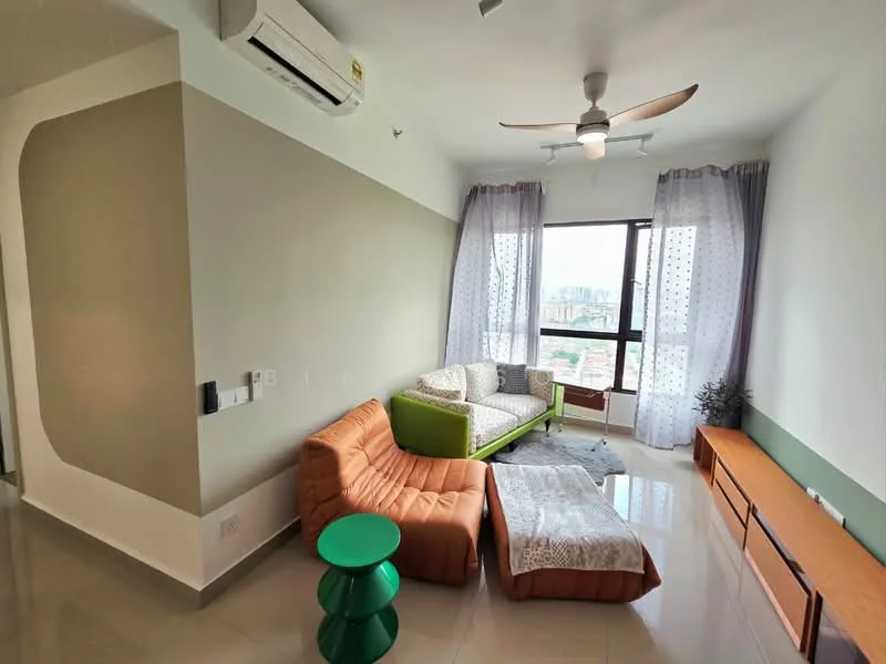 Living features: 5-blade ceiling fan with light, wall-mounted split AC, floor-to-ceiling windows, curtains with sheer and patterned fabric, 3-seater fabric sofa in green and beige, sectional sofa in orange, coffee table in green, wooden TV console, decorative plant in ceramic pot, polished tile flooring, neutral painted walls with accent wall, area rug with geometric pattern; style: modern; view: city.