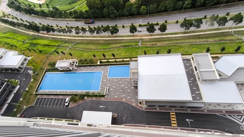 Exterior type: high-rise condominium; features: infinity pool, lap pool, pool deck with loungers, manicured lawn, landscape garden, open-air parking lot, driveway with interlocking pavers, surrounded by greenery; style: modern.