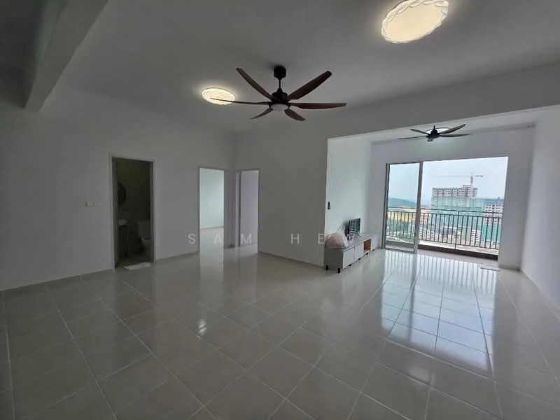 Living features: white painted walls, glossy ceramic tile flooring, 2 ceiling fans with lights, floor-to-ceiling sliding glass door, balcony with city view, TV console, wall-mounted TV, large windows, natural light, open layout; style: modern; view: city. Room features: white painted walls, glossy ceramic tile flooring, doorway leading to another room.