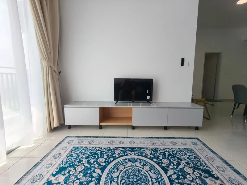 Living features: white painted walls, ceramic tile flooring, floor-to-ceiling windows, curtains, TV console in grey, black flat-screen TV, decorative area rug with blue and white pattern, light-colored furniture, wall-mounted intercom, minimalist decor; style: modern.