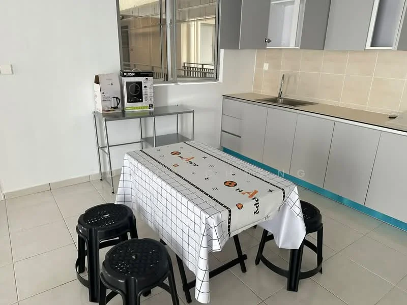 Kitchen features: grey cabinetry, white tiled backsplash, stainless-steel sink, single-bowl stainless-steel sink, chrome pull-down faucet, white countertop, 4 black stools, dining table with tablecloth, built-in oven, microwave on countertop, white ceramic tile flooring, large window for natural light; style: modern.