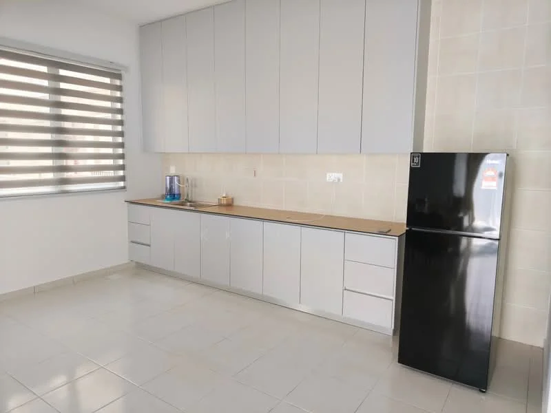 Kitchen features: light grey cabinetry, wood countertop, black fridge, single-bowl stainless-steel sink, chrome pull-down faucet, ceramic tile flooring, white tiled backsplash, horizontal striped window blinds, built-in cabinets, under-cabinet lighting; style: modern.