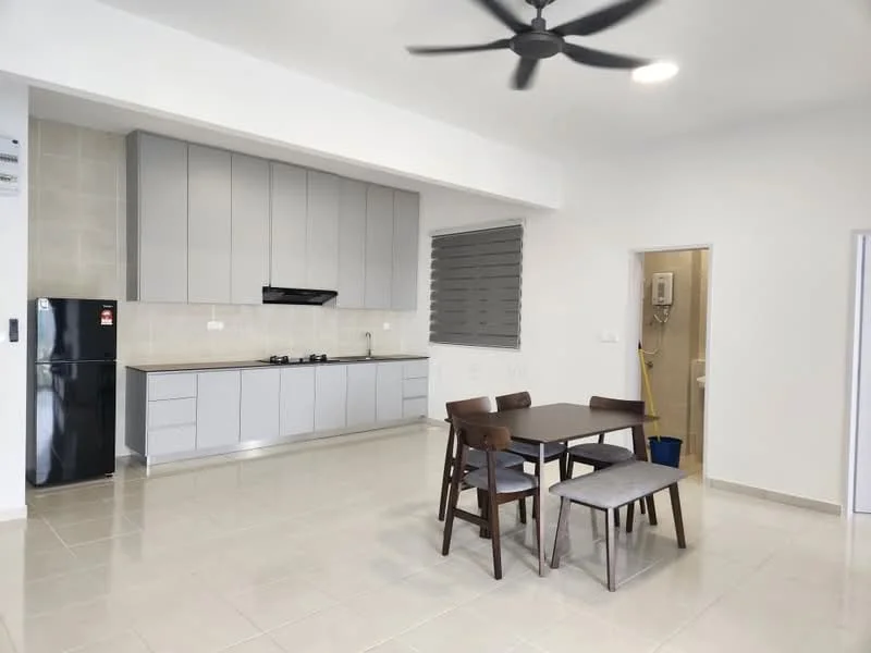 Kitchen features: grey flat-panel cabinets, white countertop, stainless-steel gas hob, built-in oven, black fridge, single-bowl stainless-steel sink, chrome pull-down faucet, tile backsplash, recessed downlights, floor-to-ceiling windows, ceramic tile flooring; style: modern. Dining features: 4-seater dining table, wooden dining chairs, open layout, ceramic tile flooring; style: modern.