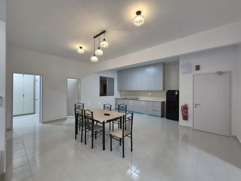 Dining features: rectangular dining table, black metal dining chairs, white walls, recessed downlights, pendant lighting, tile flooring, open layout, kitchen area visible in background, fire extinguisher mounted on wall, built-in cabinets in kitchen, black refrigerator; style: modern.