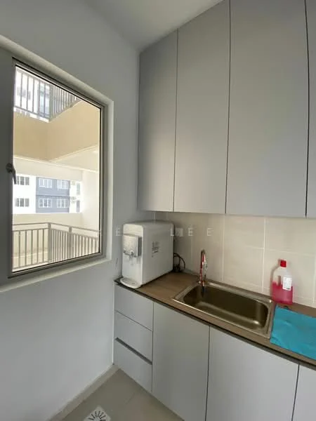 Laundry features: grey cabinetry, wood countertop, single-bowl stainless-steel sink, chrome pull-down faucet, white water dispenser, tile backsplash, light grey walls, window with view of balcony; style: modern; view: balcony.