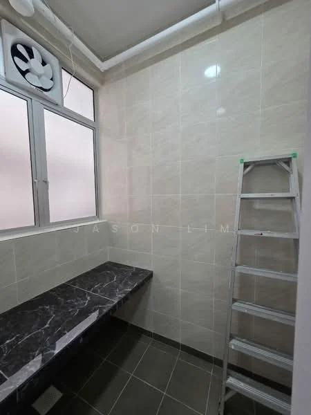 Laundry features: grey marble countertop, white tiled walls, grey tiled flooring, window with white frame, exhaust fan, metal ladder.