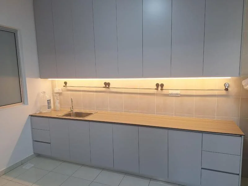 Kitchen features: grey cabinetry, wood countertop, single-bowl stainless-steel sink, chrome faucet, tile backsplash, under-cabinet lighting, ceramic tile flooring, wall-mounted storage rack, glass window; style: modern.