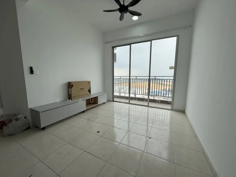 Living features: white painted walls, tile flooring, 5-blade ceiling fan with light, floor-to-ceiling sliding glass door, balcony access, TV console, box packaging on floor, natural light from window; style: modern; view: city.