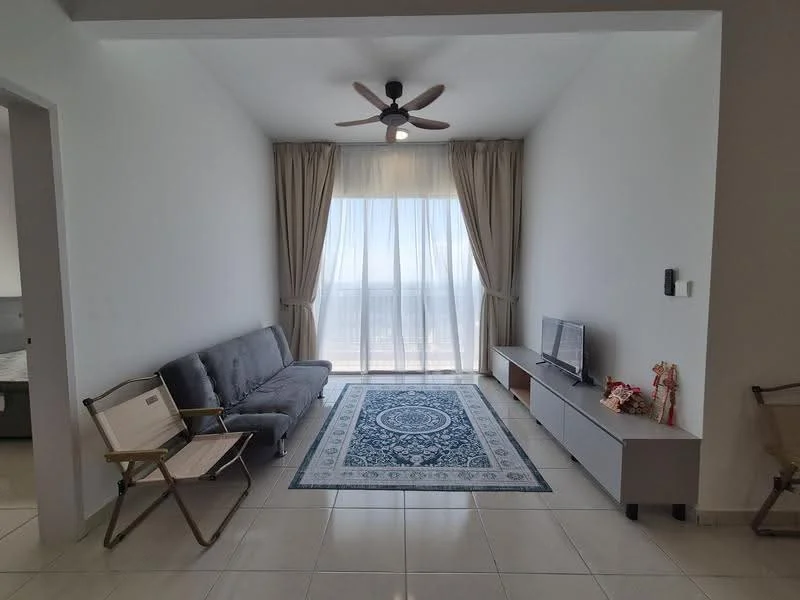Living features: grey fabric sofa, ceiling fan with light, TV console, wall-mounted TV, area rug with intricate pattern, floor-to-ceiling windows, sheer curtains, light-colored walls, tile flooring; style: modern; view: city.