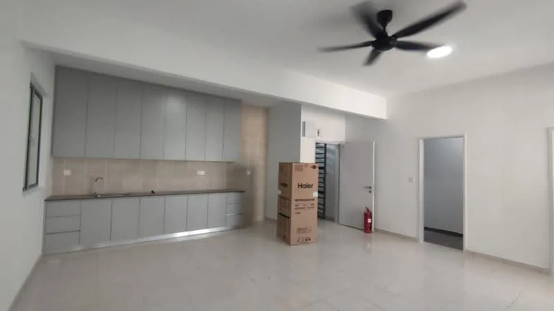Room features: grey cabinetry, single-bowl stainless-steel sink, chrome faucet, light-colored tiled flooring, white painted walls, ceiling fan, recessed lighting, open layout, fire extinguisher, cardboard box, door to adjacent room, window with no visible treatment; style: modern.