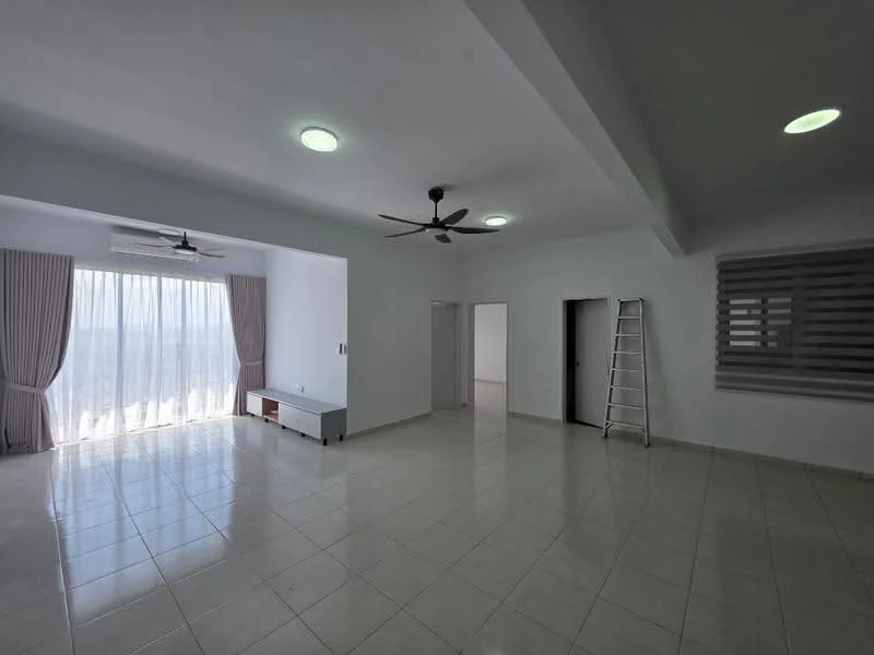 Living features: white painted walls, glossy ceramic tile flooring, tray ceiling, 2 ceiling fans, large floor-to-ceiling windows with sheer curtains, light grey curtains, white console table, ladder, sliding window with horizontal blinds; style: modern; view: city.