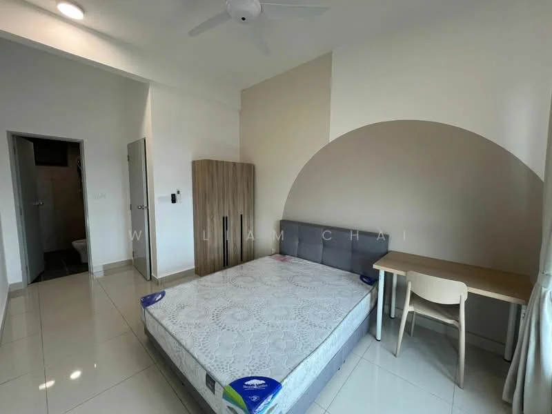Bedroom features: queen-size bed, upholstered headboard, light-colored bedding, wooden wardrobe, study desk, white chair, ceiling fan, tile flooring, white painted walls, large window with natural light; style: modern. Room features: bathroom door, light-colored wall, tile flooring.