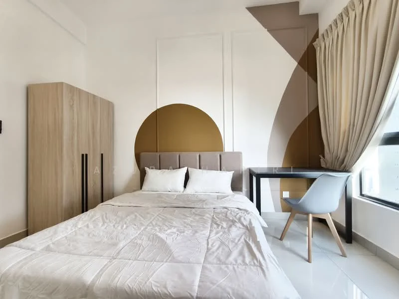 Bedroom features: queen-size bed with upholstered headboard, white bedding, wooden wardrobe with sliding doors, study desk with minimalist design, light grey chair with wooden legs, white walls, accent wall with geometric design in brown and beige, floor-to-ceiling window with sheer curtains, glossy tile flooring, decorative wall panels, recessed lighting; style: modern; view: city.