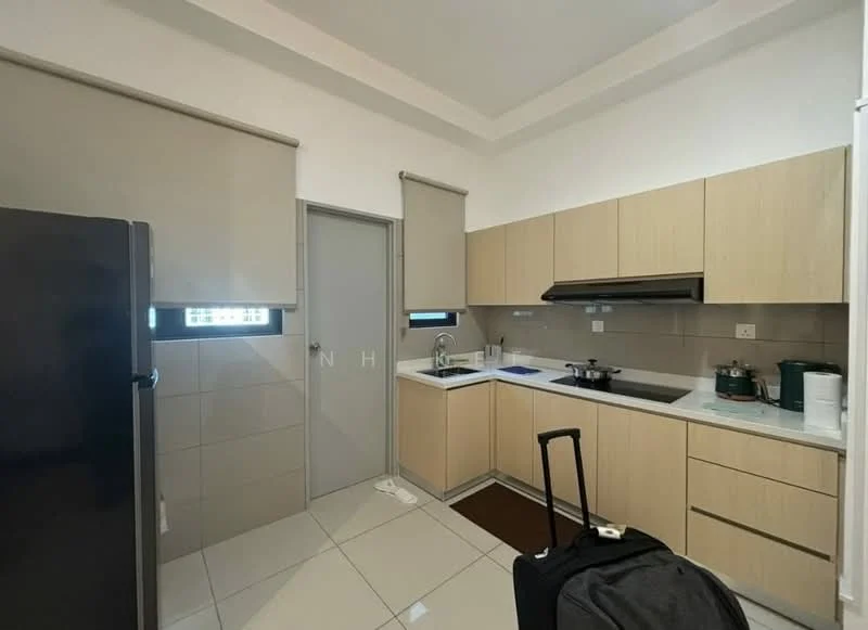 Kitchen features: light wood cabinetry, white countertop, stainless-steel sink, chrome pull-down faucet, built-in stove with exhaust hood, ceramic tile backsplash, refrigerator, kitchen island, wall-mounted cabinets, grey tiled flooring, roller blinds on windows; style: modern.