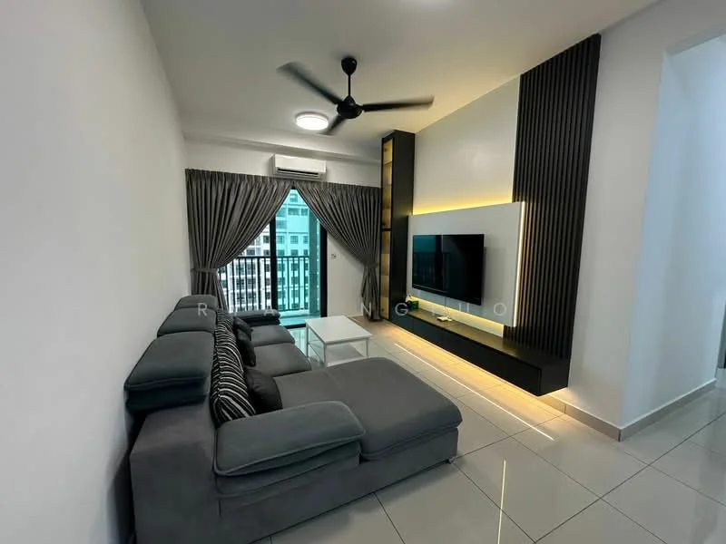 Living features: 3-seater fabric sofa in grey, black and white striped cushions, white coffee table, wall-mounted TV, black entertainment unit with LED lighting, floor-to-ceiling windows, grey curtains, 5-blade ceiling fan with light, white painted walls, glossy tile flooring; style: modern; view: city.