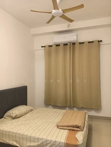 Bedroom features: queen-size bed with beige bedding, upholstered headboard in grey, beige curtains, 5-blade ceiling fan with light, wall-mounted split AC, white painted walls, tile flooring, decorative throw blanket; style: modern.