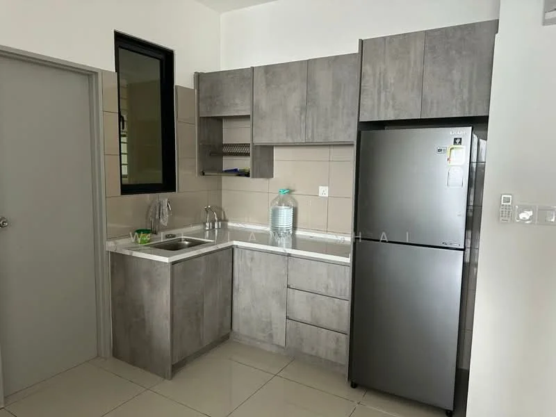 Kitchen features: grey laminate cabinetry, white countertop, single-bowl stainless-steel sink, chrome pull-down faucet, built-in oven, freestanding stainless-steel fridge, ceramic tile flooring, wall-mounted cabinet, tile backsplash, window for natural light; style: modern.