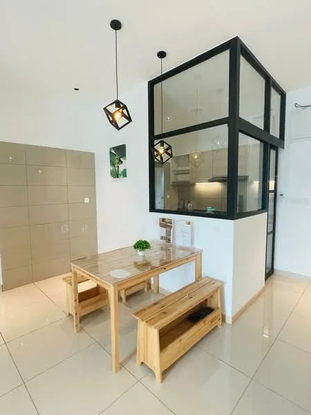 Dining features: wooden dining table, two wooden benches, pendant lights, white walls, glossy tile flooring, glass partition, open kitchen view, decorative plant on table; style: modern.