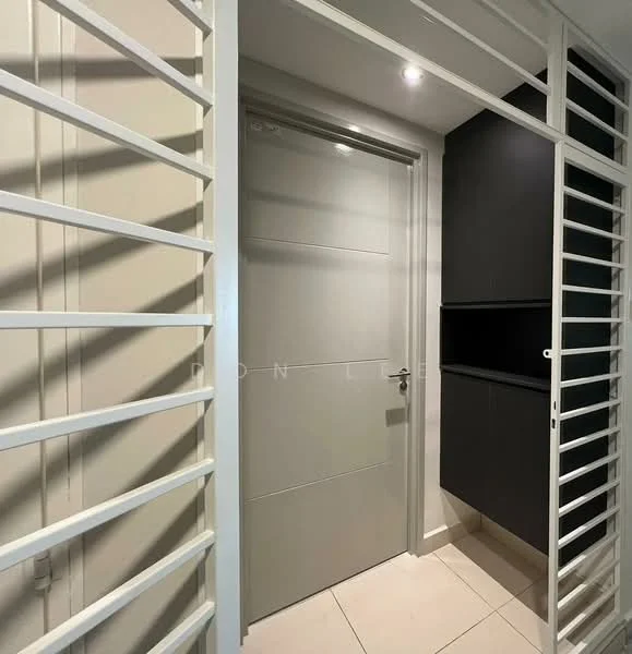 Room features: white painted walls, light-colored floor tiles, modern door with horizontal panels, black cabinetry, metal grille partition, recessed lighting, built-in storage, minimalist design; style: modern.