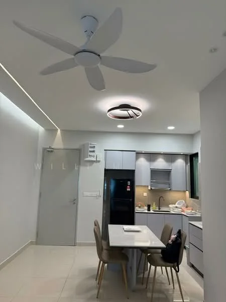 Kitchen features: grey cabinetry, white countertop, stainless-steel fridge, built-in oven, 4-burner gas hob, single-bowl stainless-steel sink, chrome pull-down faucet, pendant light, 5-blade ceiling fan with light, dining table for four, upholstered dining chairs, tile flooring, window with garden view; style: modern; view: garden.