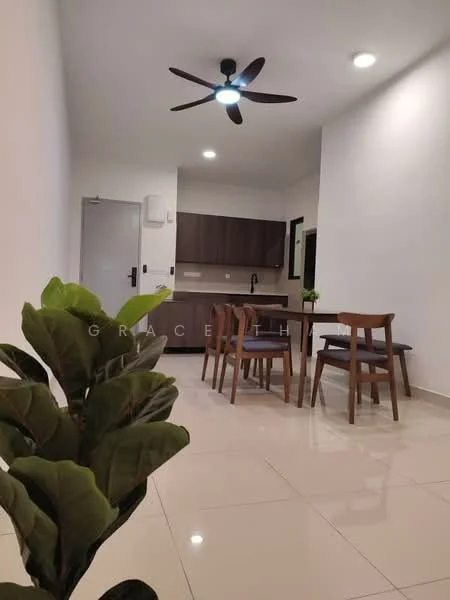 Dining features: dining table with four chairs, ceiling fan with integrated LED light, white painted walls, glossy tile flooring, kitchenette with dark wood cabinetry, countertop, refrigerator, plant in ceramic pot; style: modern.