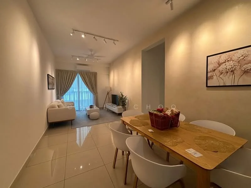Living features: cream painted walls, glossy tile flooring, 5-blade ceiling fan with light, sofa in white fabric, area rug with geometric pattern, wall-mounted TV, decorative wall art, curtains in light fabric, large window with city view, dining table in wood, 4 white dining chairs, indoor plant in pot; style: modern; view: city.