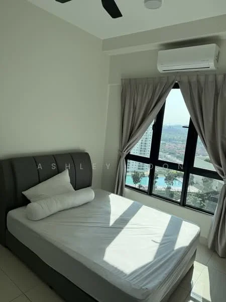 Bedroom features: queen-size bed, upholstered headboard, floor-to-ceiling windows, city view, curtains, wall-mounted split AC, ceiling fan, light-colored walls, tile flooring; style: modern; view: city.