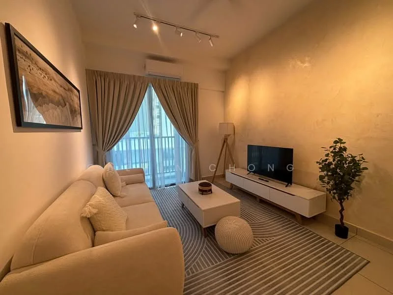 Living features: cream fabric sofa, coffee table, wall-mounted TV, TV console in white, area rug with geometric pattern, floor lamp, curtains, air conditioning unit, decorative plant, light-colored textured wall, recessed ceiling lights; style: modern.