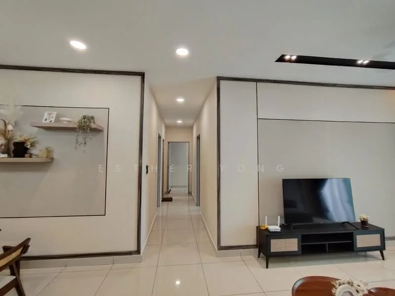 Room features: white painted walls, glossy tile flooring, recessed downlights, wall-mounted TV, wooden shelf with decor, neutral color scheme, open layout, doorways leading to other rooms; style: modern.