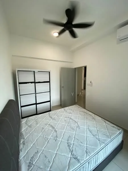 Bedroom features: queen-size bed, upholstered headboard, ceiling fan, wall-mounted split AC, white walls, tile flooring, built-in wardrobe, natural light from window; style: modern.