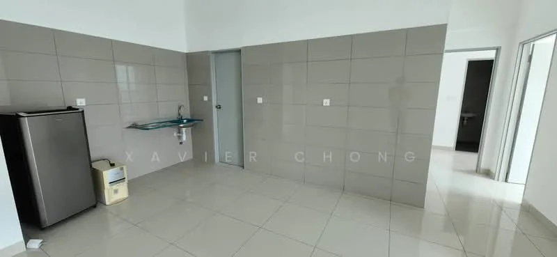 Kitchen features: grey tiled walls, white tiled flooring, stainless-steel fridge, single-bowl stainless-steel sink, chrome faucet, kitchen countertop, wall-mounted cabinet, door to hallway; style: modern.