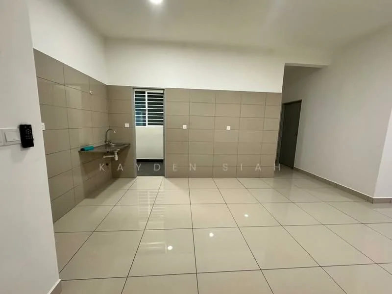 Room features: glossy ceramic tile flooring, white painted walls, grey tiled wall, single-bowl stainless-steel sink, wall-mounted faucet, kitchen countertop, window with horizontal bars, light switch, doorway, no visible appliances; style: modern.