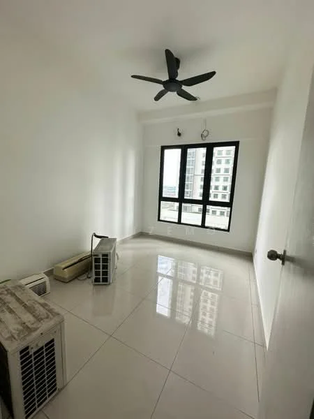 Room features: white painted walls, glossy ceramic tile flooring, 5-blade ceiling fan, floor-to-ceiling windows, two wall-mounted split AC units, natural light from windows, city view visible through windows; style: modern; view: city.