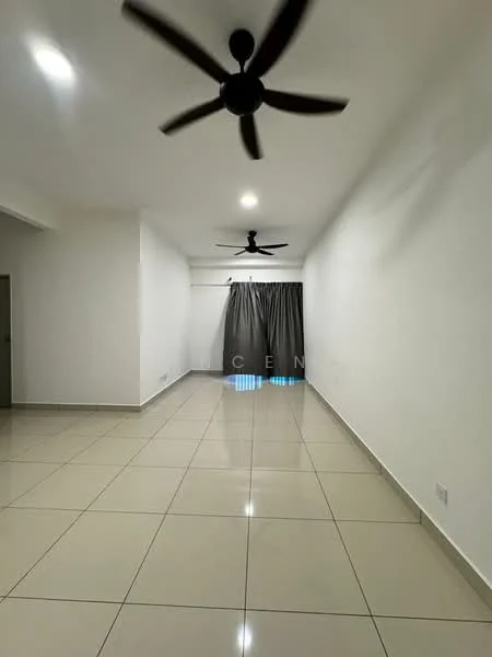 Living features: white painted walls, glossy ceramic tile flooring, 2 ceiling fans, curtains, large windows, neutral color scheme, open layout, no visible furniture; style: modern.