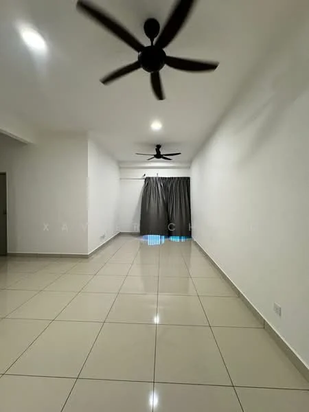 Living features: white painted walls, glossy ceramic tile flooring, 2 ceiling fans, curtains, recessed downlights; style: modern.