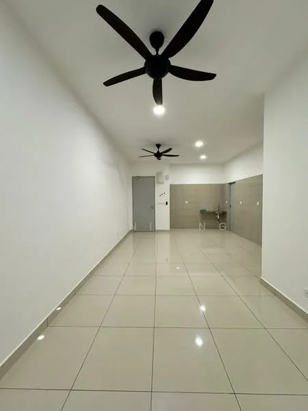 Room features: white painted walls, glossy ceramic tile flooring, 2 ceiling fans, recessed LED downlights, grey tiled wall, door to another room, open layout; style: modern.