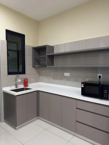 Kitchen features: grey flat-panel cabinets, white quartz countertop, single-bowl stainless-steel sink, chrome pull-down faucet, built-in microwave, freestanding microwave, open shelving, tile backsplash, white tiled flooring, window with black frame; style: modern.