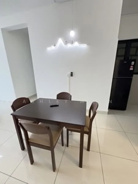 Dining features: square dining table in dark wood, 4 dining chairs with upholstered seats, white walls, glossy ceramic tile flooring, modern pendant light fixture, refrigerator visible in background, power outlet on wall; style: modern.