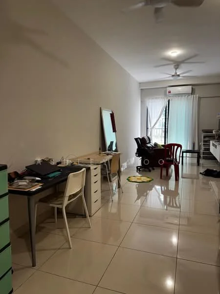 Room features: white painted walls, glossy tile flooring, ceiling fan, large window with sheer curtains, desk with chair, dressing table with mirror, black office chair, red plastic chair, air conditioning unit, decorative items on desk, open space layout; style: modern.