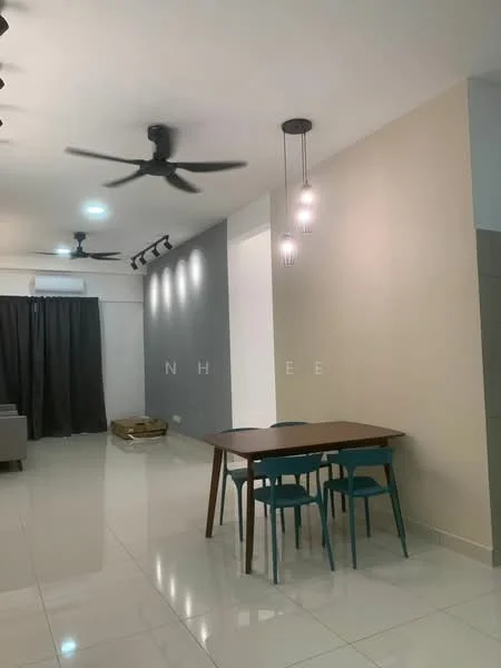Dining features: white painted walls, grey accent wall, polished ceramic tile flooring, 5-blade ceiling fan, 3 pendant lights, dining table with wooden surface, 4 teal dining chairs, blackout curtains, recessed LED downlights; style: modern. Living features: grey sofa, recessed LED downlights; style: modern.