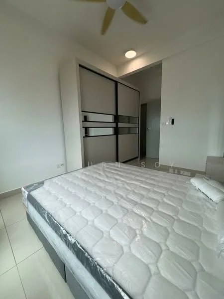 Bedroom features: queen-size bed with mattress protector, built-in wardrobe with sliding doors, white painted walls, light-colored tiled flooring, ceiling fan with light, window with natural light, neutral decor, minimalist design; style: modern.