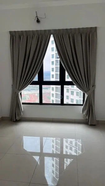 Room features: floor-to-ceiling windows, grey curtains, white walls, glossy tile flooring, city view, natural light, modern design; style: modern; view: city.