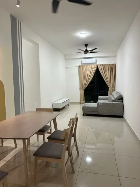 Living features: grey fabric sectional sofa, white coffee table, 4-seater dining table with wooden legs, brown upholstered dining chairs, cream curtains, wall-mounted air conditioning unit, ceiling fan with light, glossy tile flooring, white painted walls, recessed ceiling lights; style: modern.