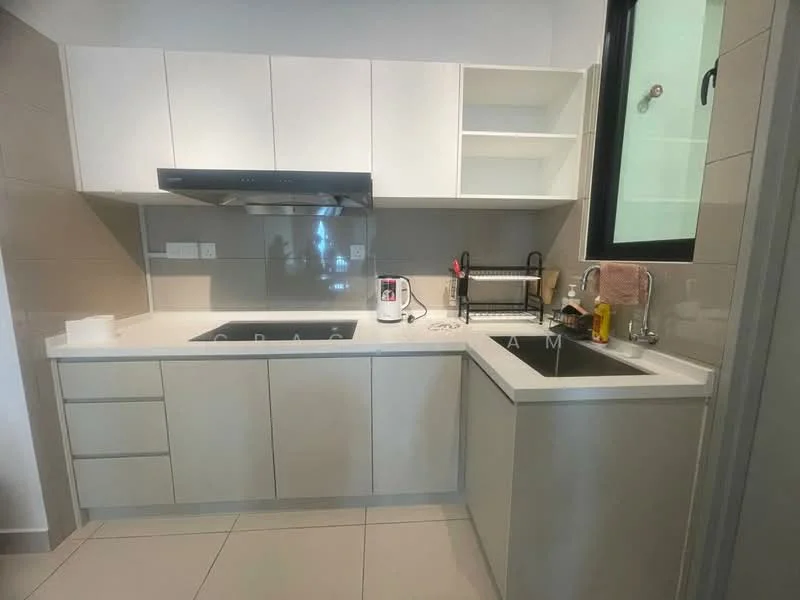 Kitchen features: white cabinetry, stainless-steel range hood, black countertop, single-bowl stainless-steel sink, chrome pull-down faucet, built-in oven, ceramic tile backsplash, kitchen island, open shelving, kitchen appliances, window above sink, light-colored wall tiles, grey floor tiles; style: modern.
