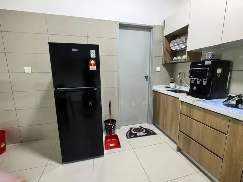 Kitchen features: black fridge, built-in cabinetry with wood finish, white countertop, stainless-steel sink, chrome pull-down faucet, wall-mounted coffee machine, ceramic tile flooring, grey tiled walls, open shelving, kitchen mat, broom and dustpan, dish rack; style: modern.